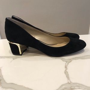 Ann Taylor Olive Suede Metallic Heel Pumps